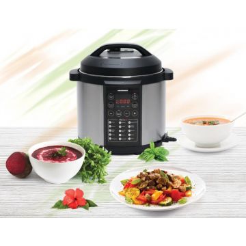 Oala electrica sub presiune Alacarte 6IX, Heinner, 1000W, 3.8L, 15 programe, negru/argintiu Oala electrica sub presiune Alacarte 6IX, Heinner, 1000W, 3.8L, 15 programe, negru/argintiu